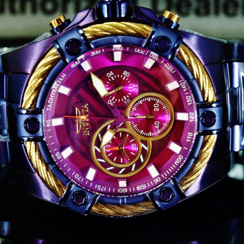 Men's Purple Bolt Dial Gold Trim 52mm Watch!